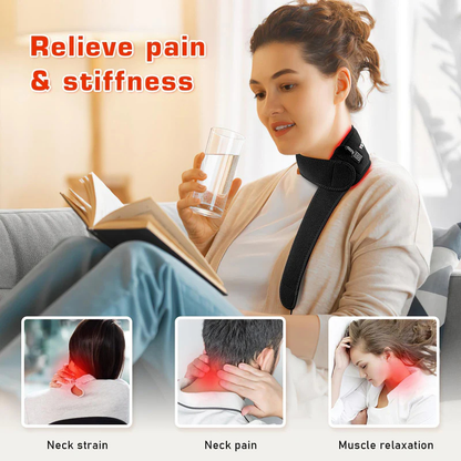 Woman using a neck massager while reading with text indicating relief from pain and stiffness.