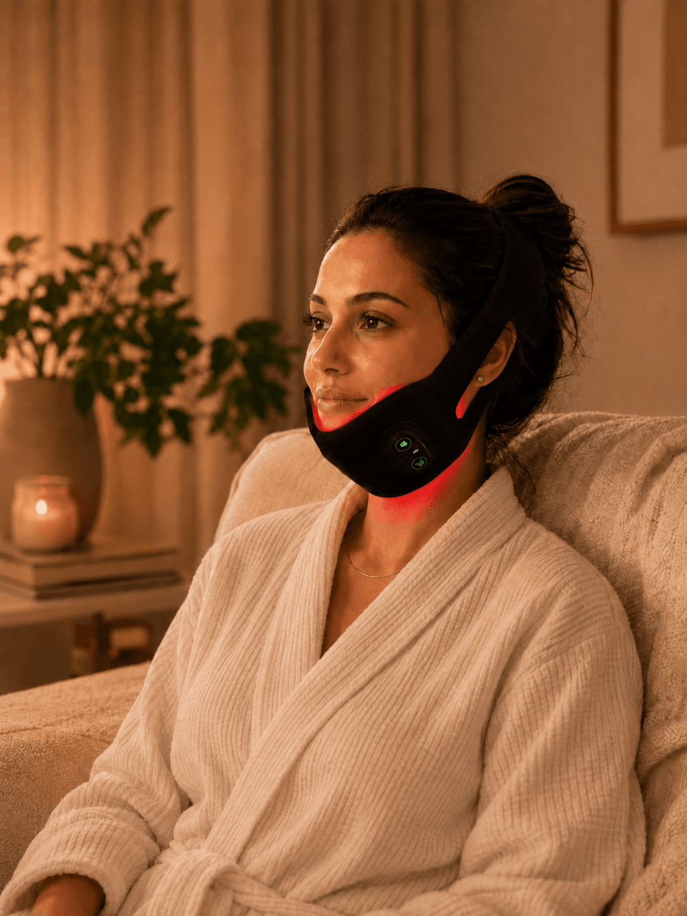 A woman in a white robe sits on a couch in a warmly lit living room, wearing a black neck and jaw device with glowing red light therapy panels.