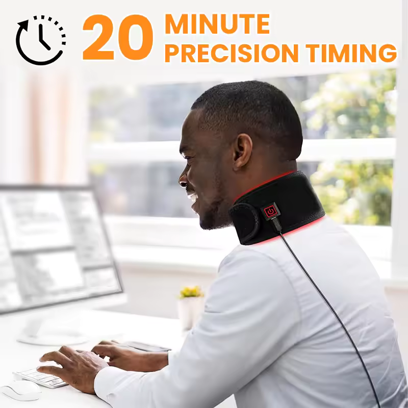 Person wearing a neck brace with '20 Minute Precision Timing' text in an office setting