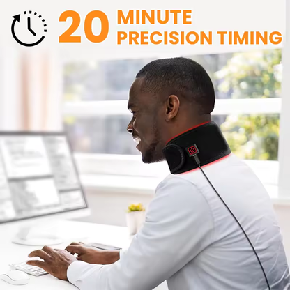 Person wearing a neck brace with '20 Minute Precision Timing' text in an office setting